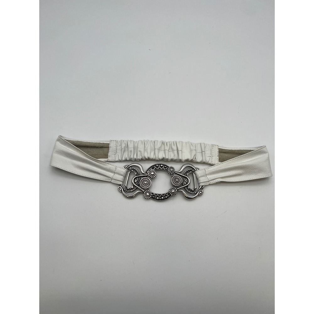 CHICO'S Belt Women S/M White Leather Ornate Silver Statement Buckle Boho